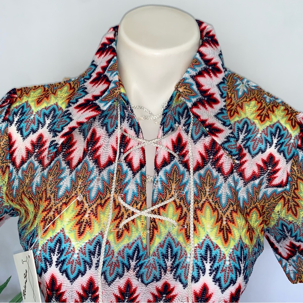 Deadstock 60s! Vintage Mod Dagger Collar Flame Crochet Knit Top - Picture 3 of 13